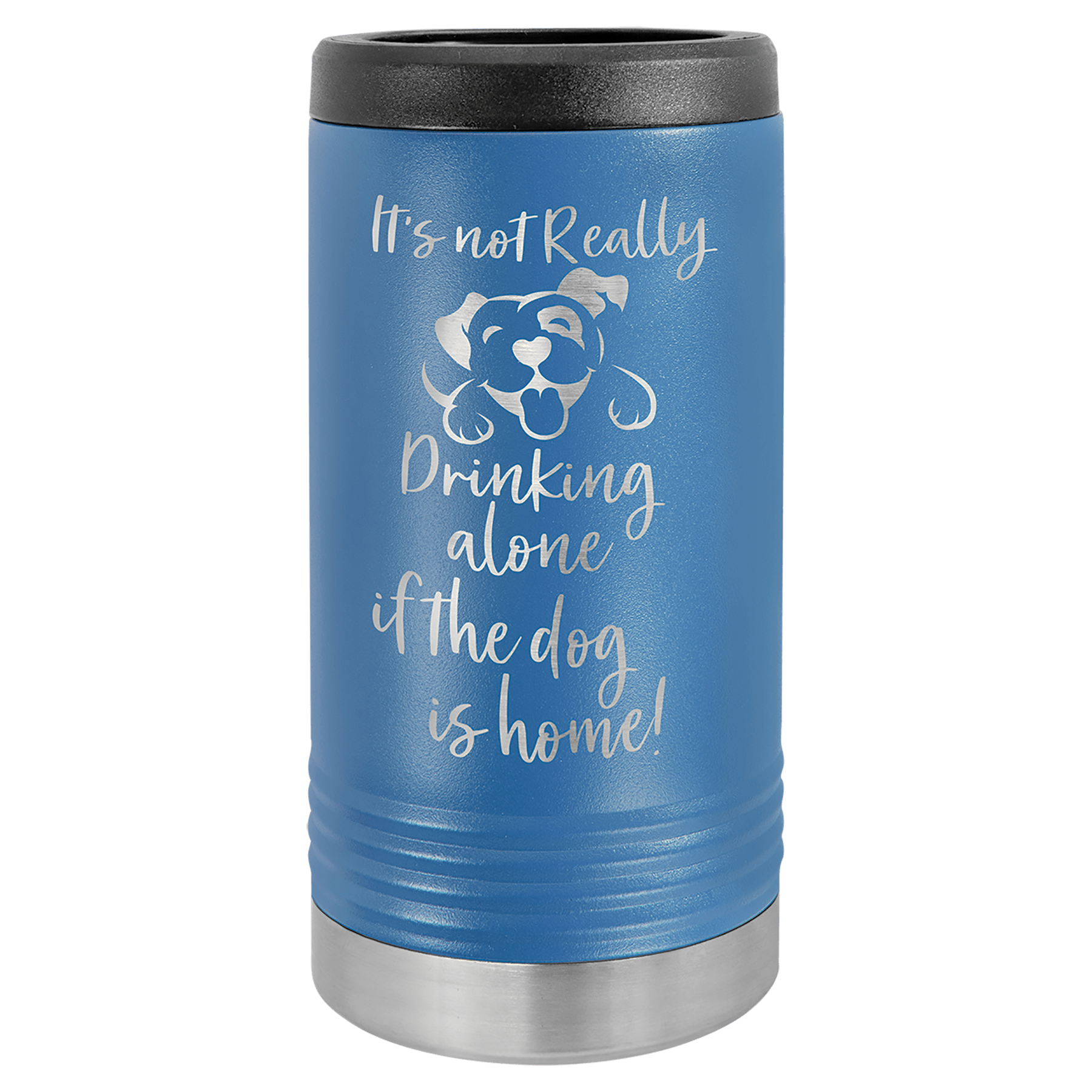 Blue travel mug with black lid and white text on a green background