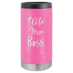Pink travel mug with 'Wife Mom Boss' text on a green background