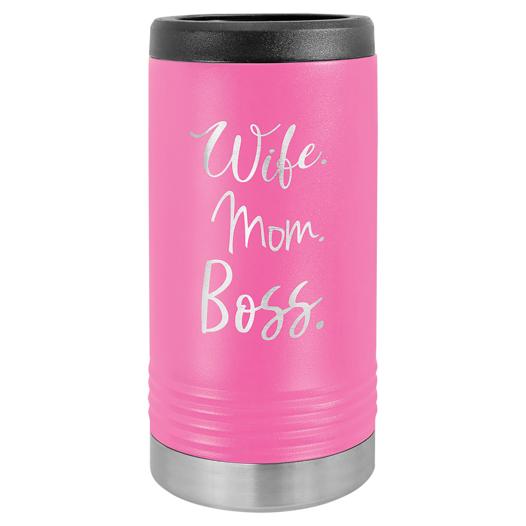 Pink travel mug with 'Wife Mom Boss' text on a green background