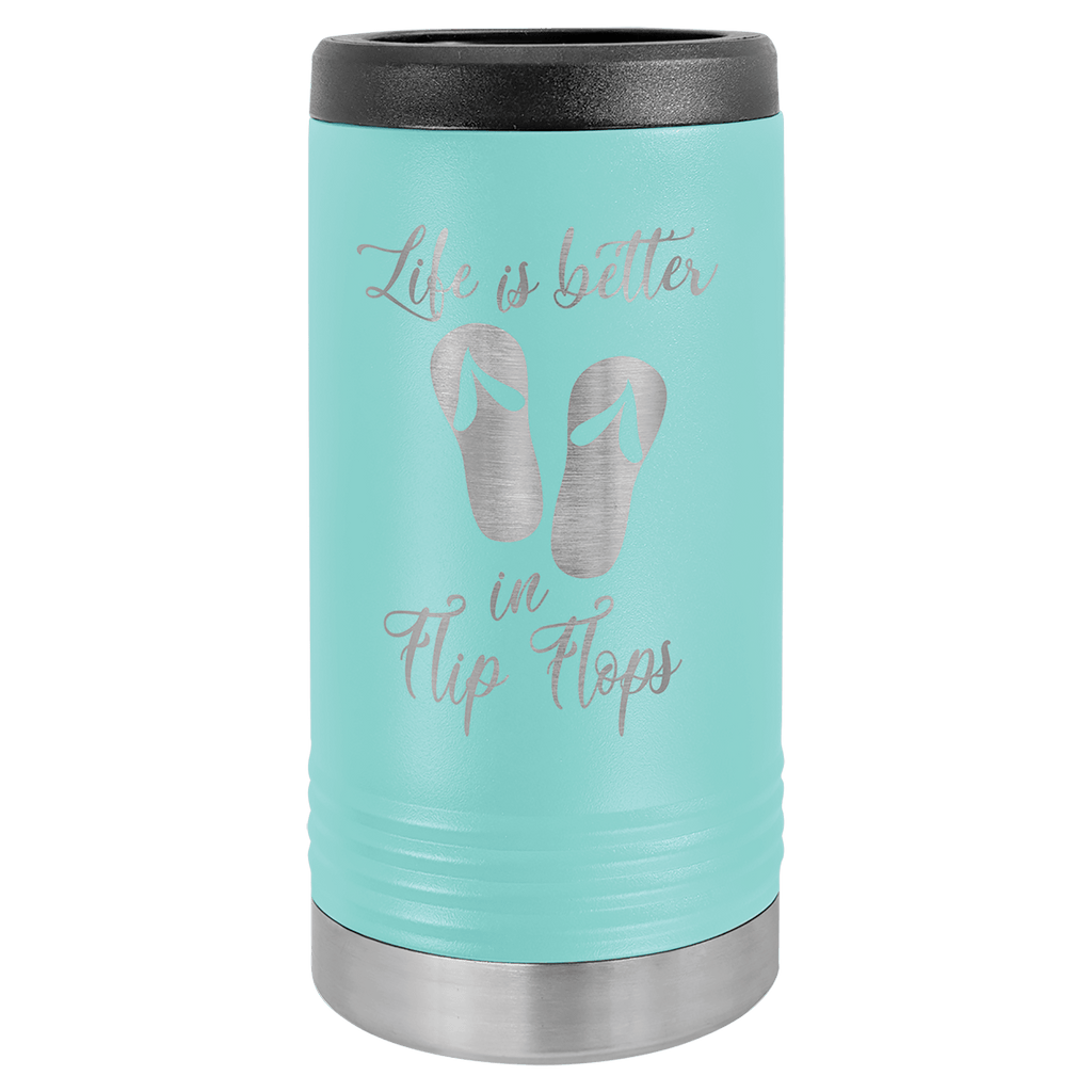 Turquoise tumbler with black lid and silver text on a white background