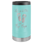 Turquoise tumbler with black lid and silver text on a white background