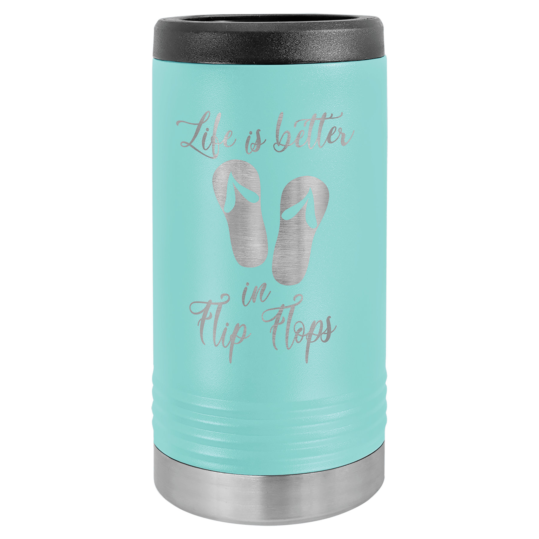 Turquoise tumbler with black lid and silver text on a white background