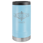 Light blue travel mug with black lid and bottom, engraved with 'Jessica's Spirits'.