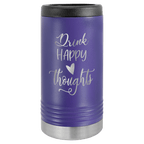 Purple travel mug with 'Drink Happy Thoughts' text on a clear background