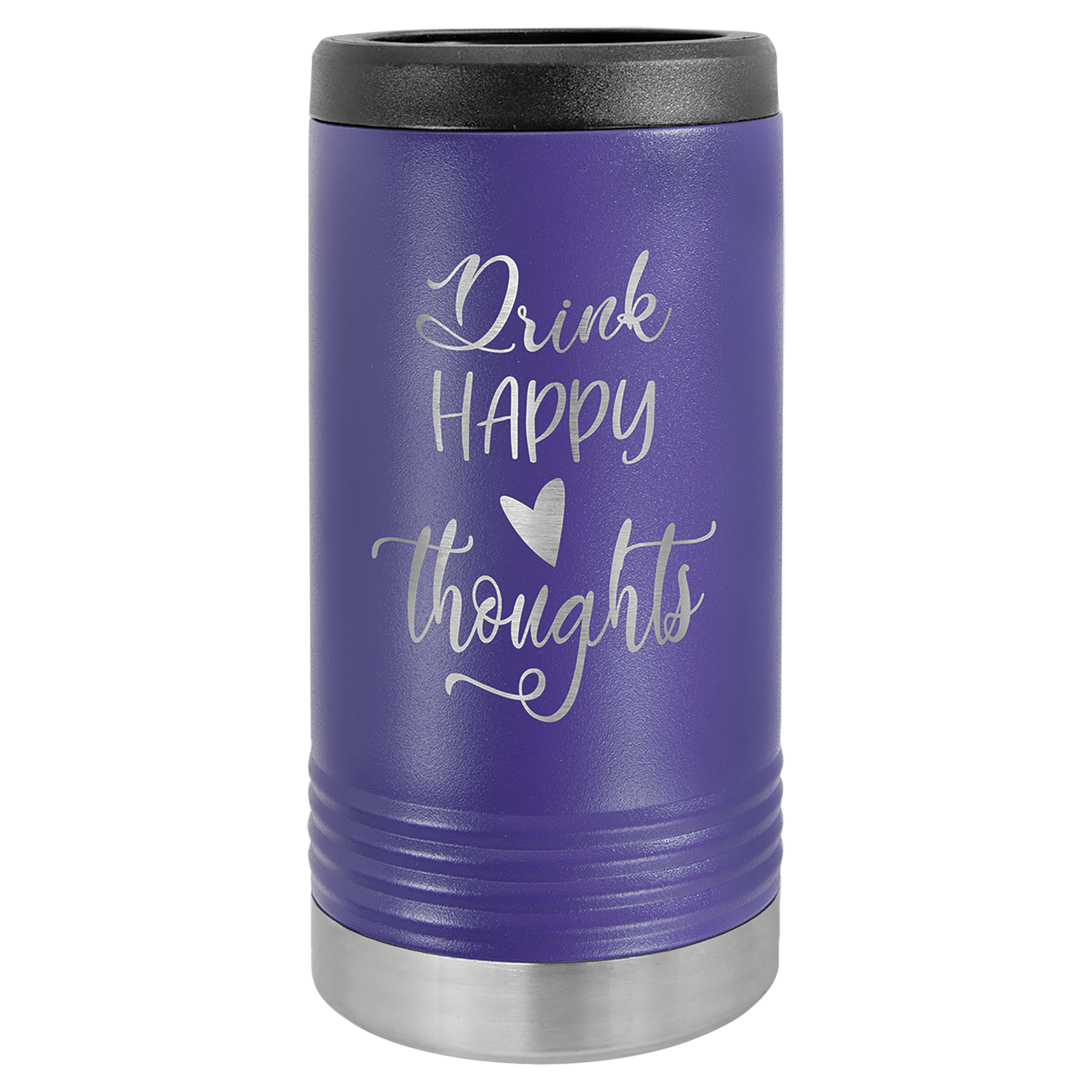 Purple travel mug with 'Drink Happy Thoughts' text on a clear background