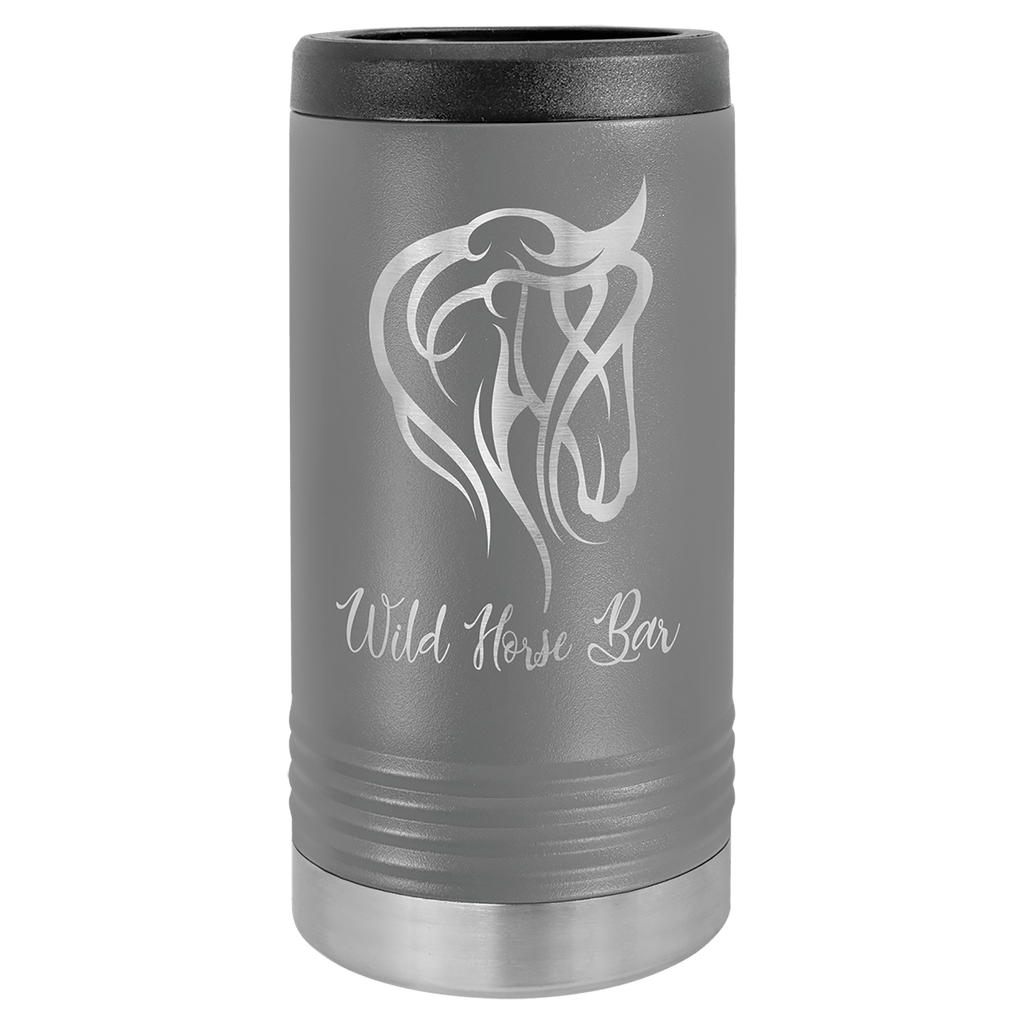 Gray tumbler with a horse logo and 'Wild Horse Bar' text on a green background