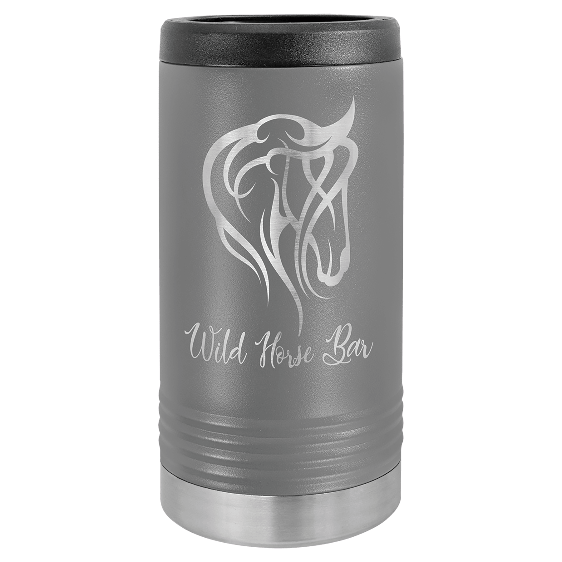 Gray tumbler with a horse logo and 'Wild Horse Bar' text on a green background