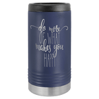 Navy blue travel mug with motivational quote on a transparent background