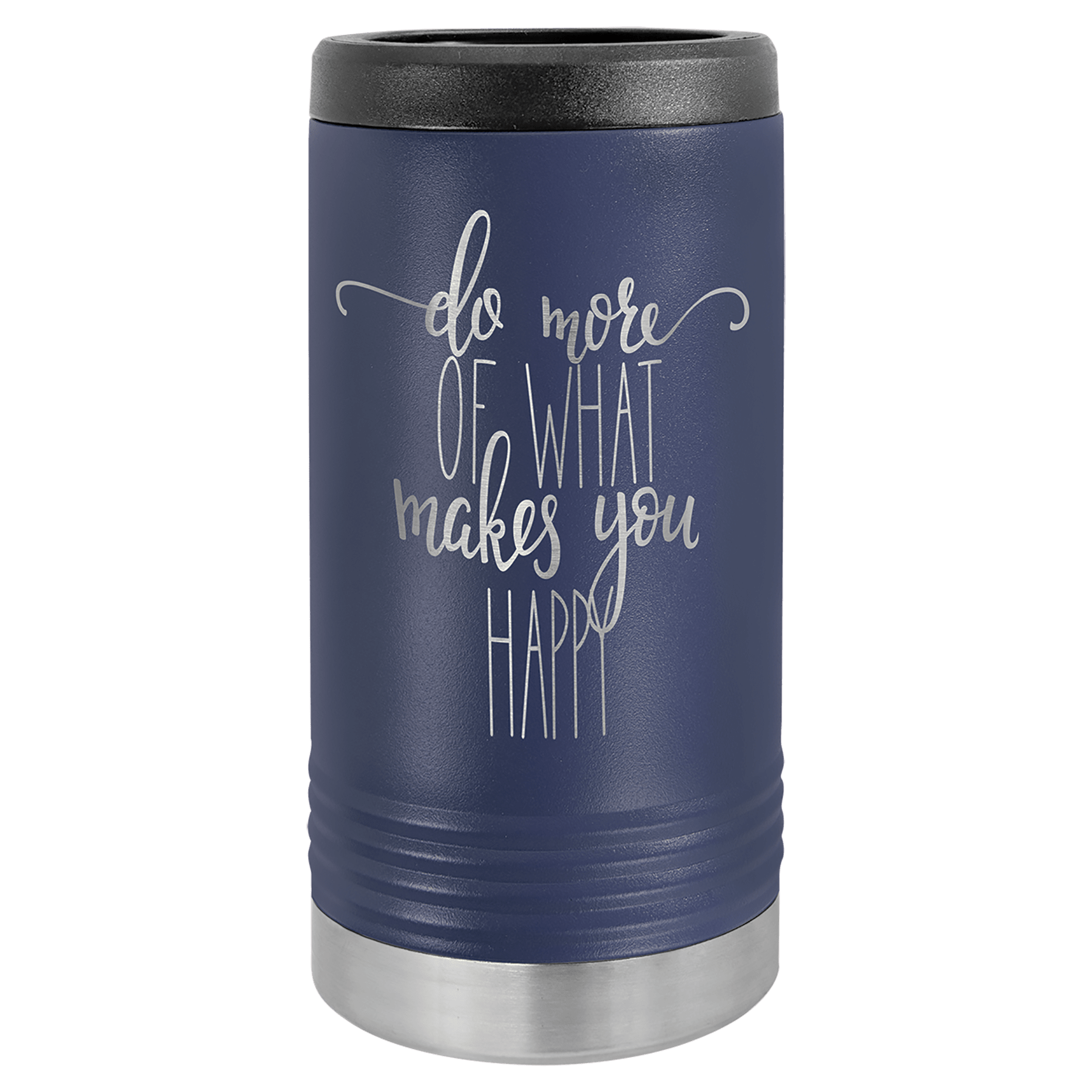 Navy blue travel mug with motivational quote on a transparent background