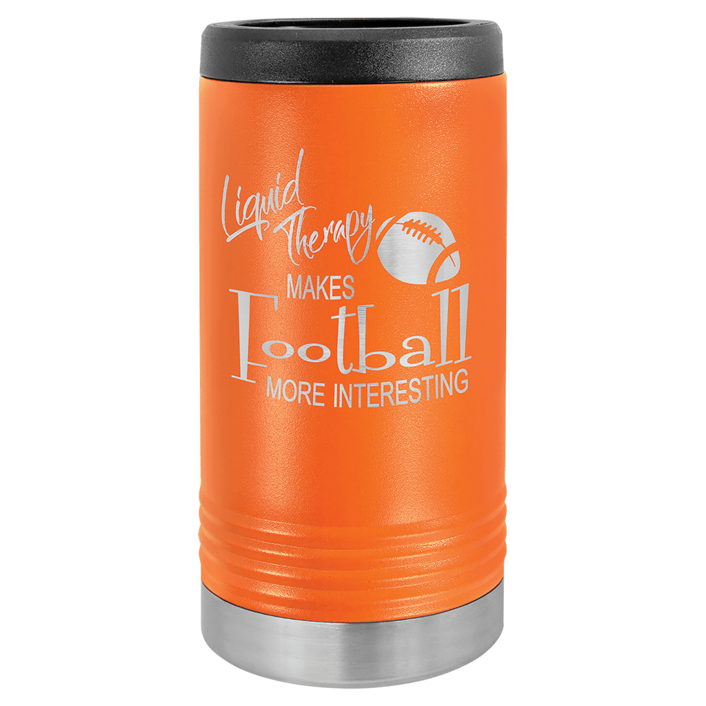 Orange tumbler with black lid and silver base, featuring text and a football graphic on a white background.