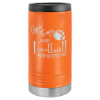 Orange tumbler with black lid and silver base, featuring text and a football graphic on a white background.