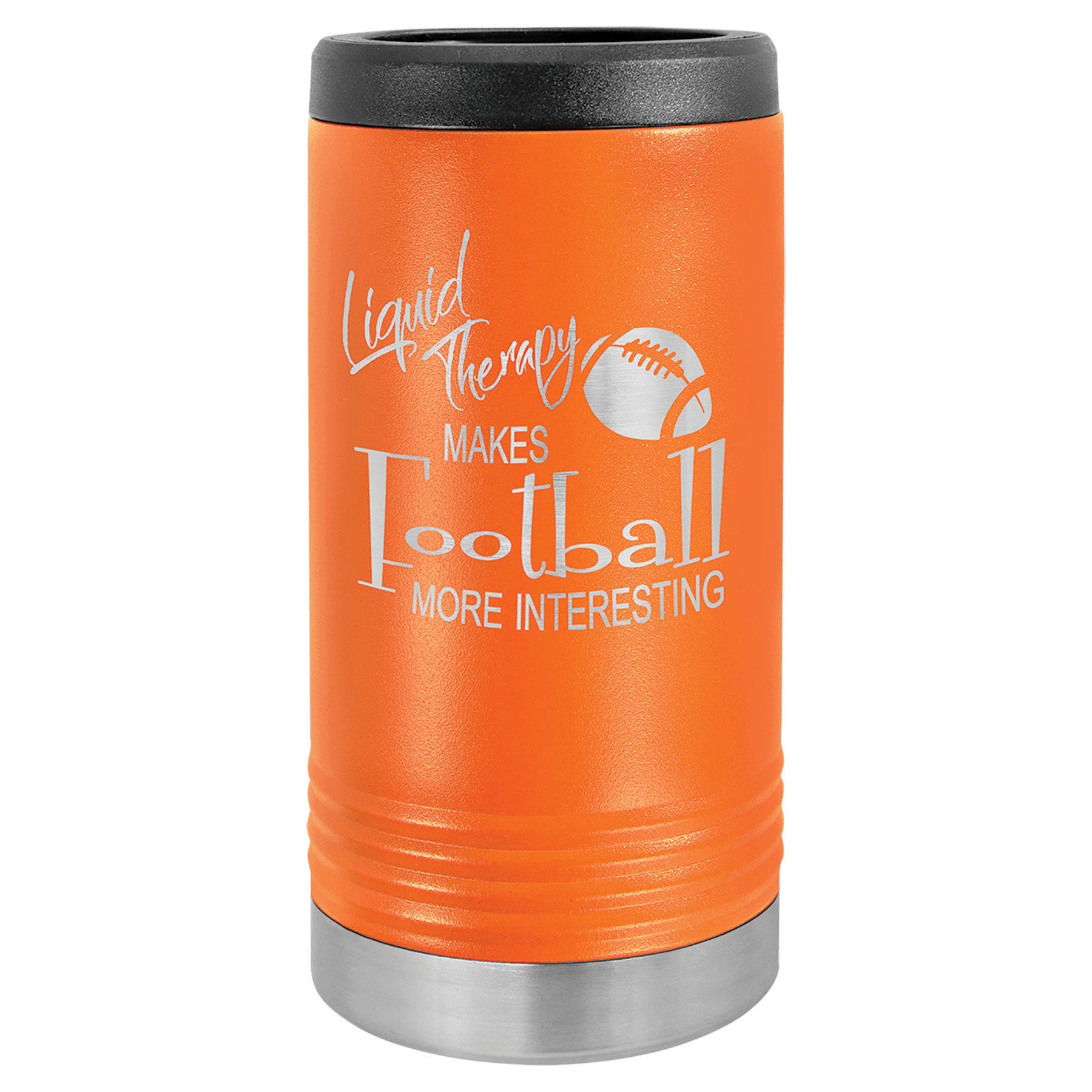 Orange tumbler with black lid and silver base, featuring text and a football graphic on a white background.