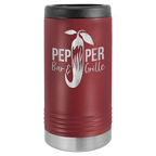 Red travel mug with 'Pepper Bar & Grille' logo on a green background
