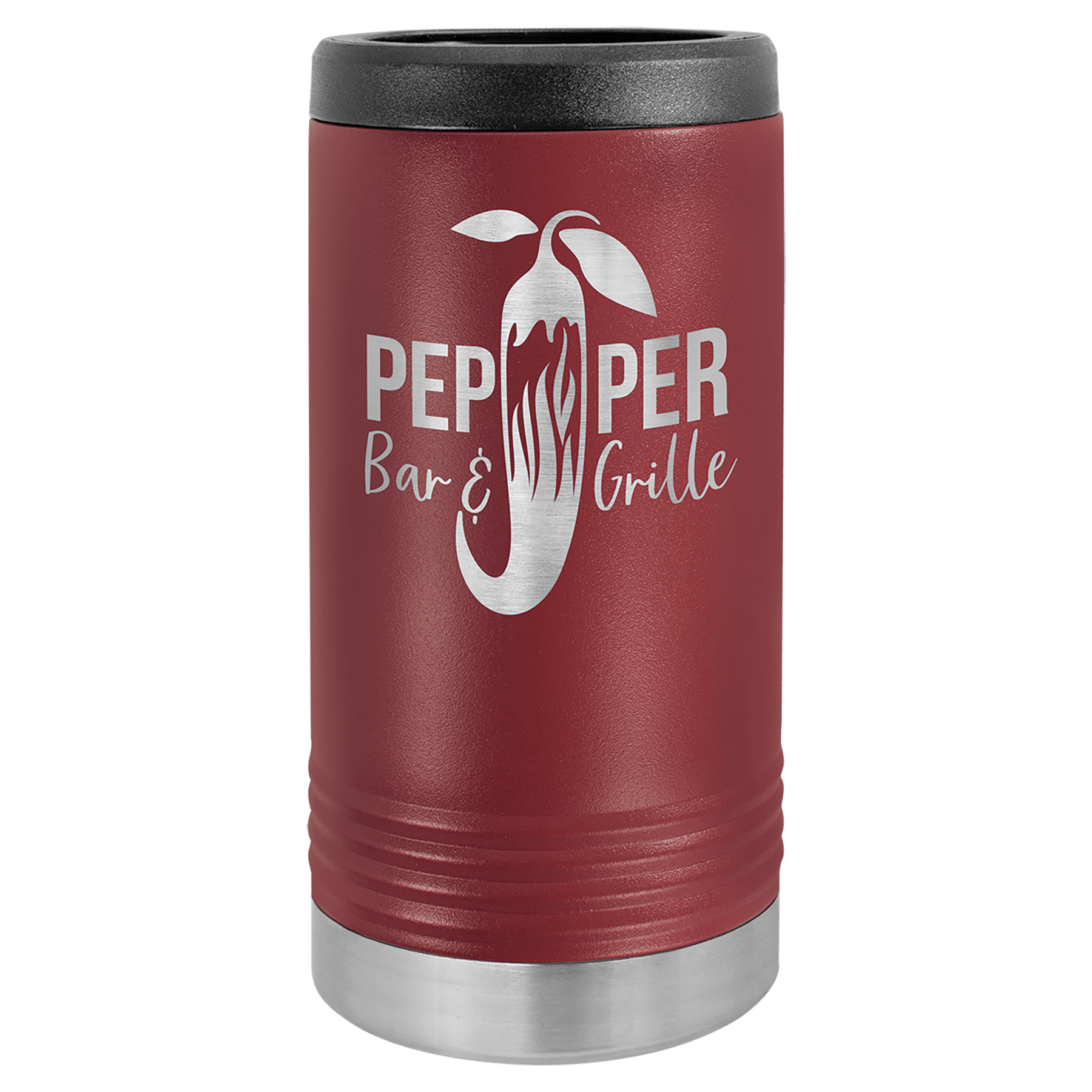 Red travel mug with 'Pepper Bar & Grille' logo on a green background