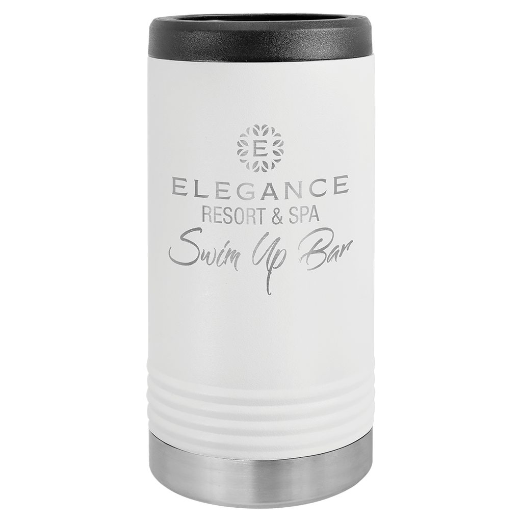 White travel mug with black lid and silver base, featuring 'Elegance Resort & Spa Swim Up Bar' text.
