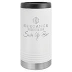 White travel mug with black lid and silver base, featuring 'Elegance Resort & Spa Swim Up Bar' text.