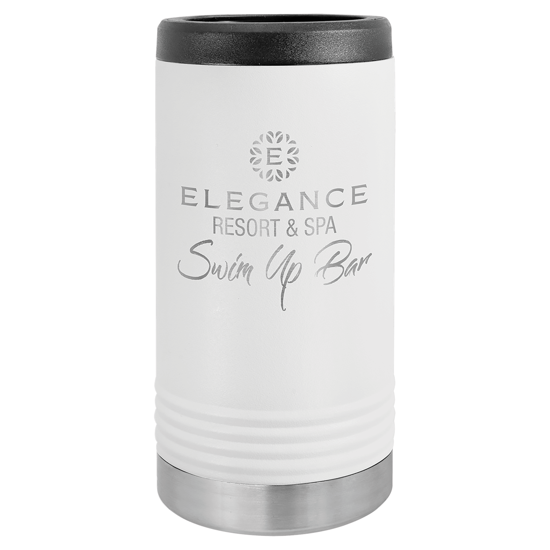 White travel mug with black lid and silver base, featuring 'Elegance Resort & Spa Swim Up Bar' text.