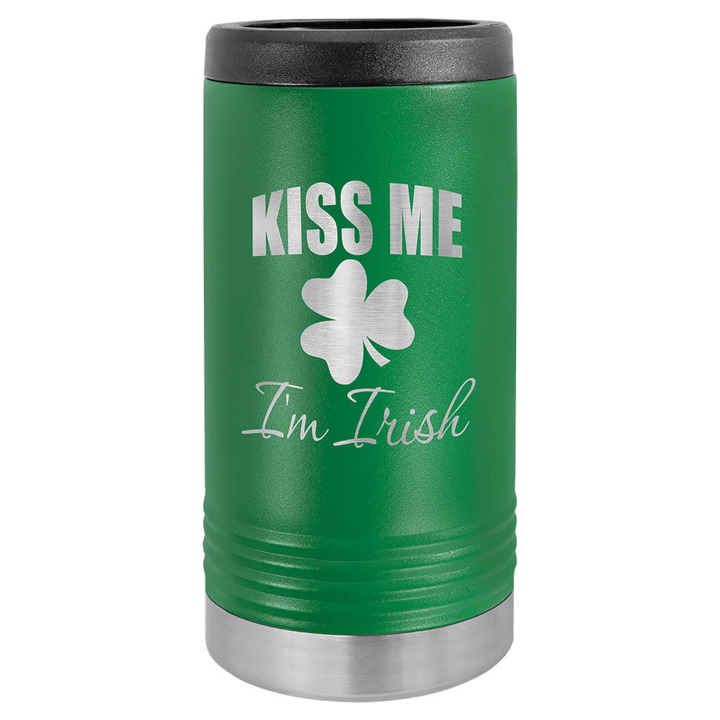 Green travel mug with 'Kiss Me I'm Irish' text and shamrock design on a white background