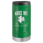 Green travel mug with 'Kiss Me I'm Irish' text and shamrock design on a white background