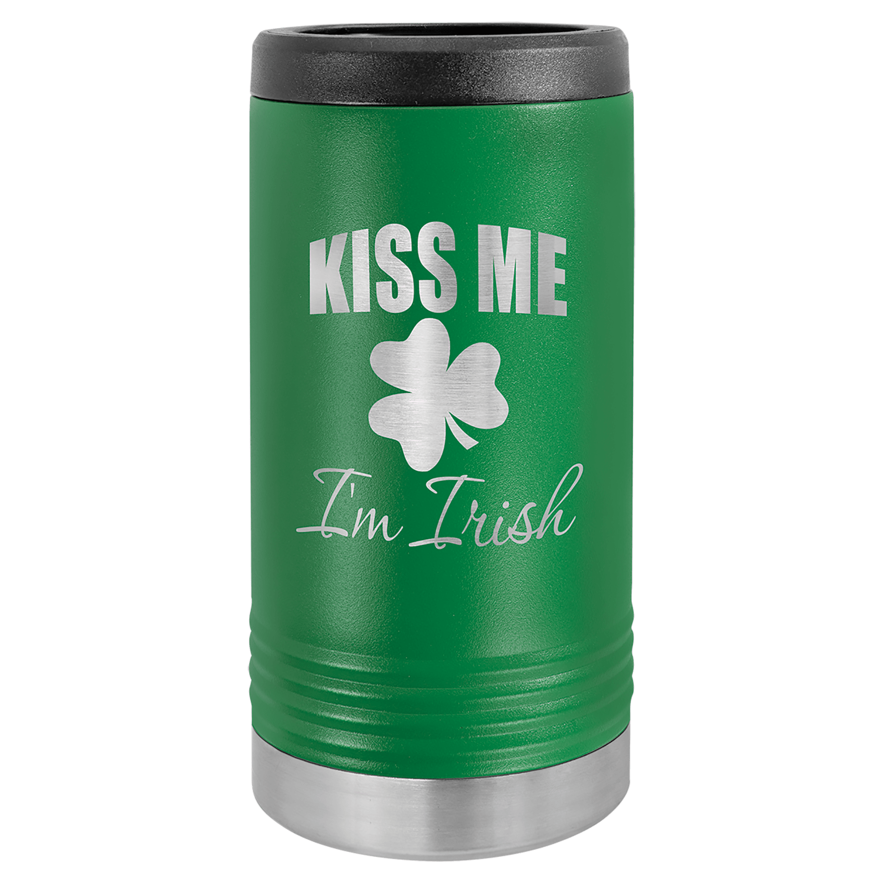 Green travel mug with 'Kiss Me I'm Irish' text and shamrock design on a white background