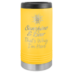 Yellow tumbler with black lid and silver base, featuring a sun design and text on a green background.