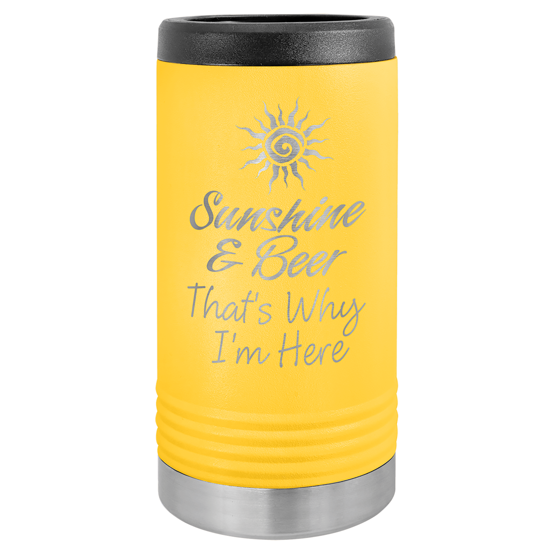 Yellow tumbler with black lid and silver base, featuring a sun design and text on a green background.