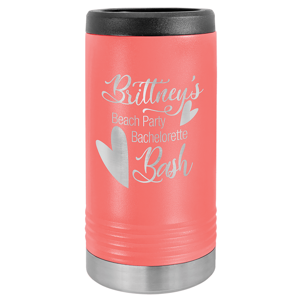 Coral travel mug with 'Brittney's Beach Party Bachelorette Bash' text and heart design on a white background