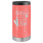Coral travel mug with 'Brittney's Beach Party Bachelorette Bash' text and heart design on a white background
