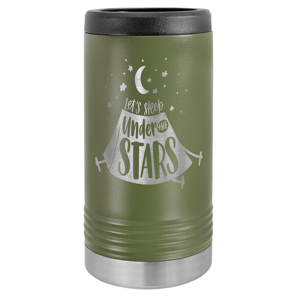 Green travel mug with 'Let's Sleep Under the Stars' design on a white background