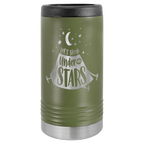 Green travel mug with 'Let's Sleep Under the Stars' design on a white background