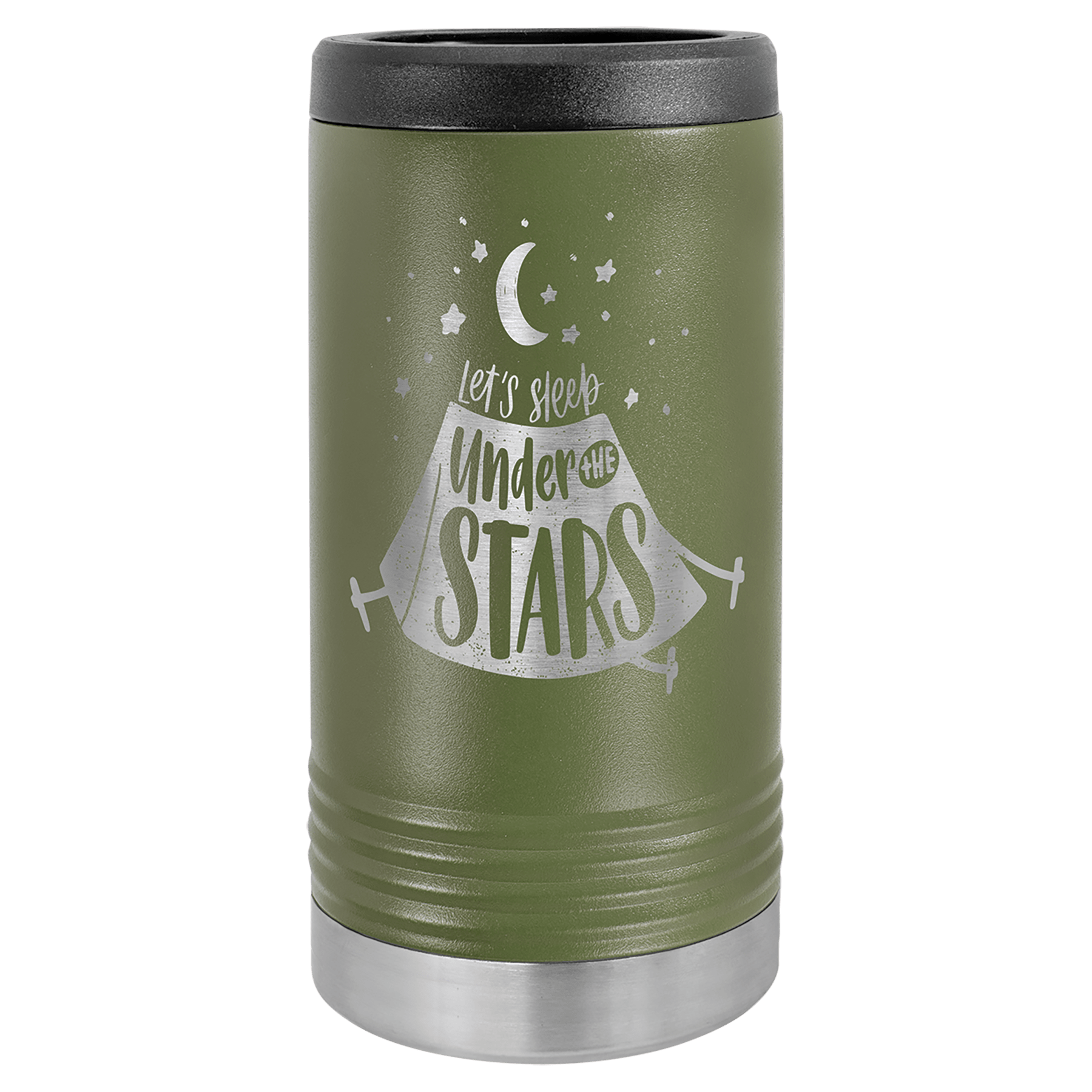 Green travel mug with 'Let's Sleep Under the Stars' design on a white background