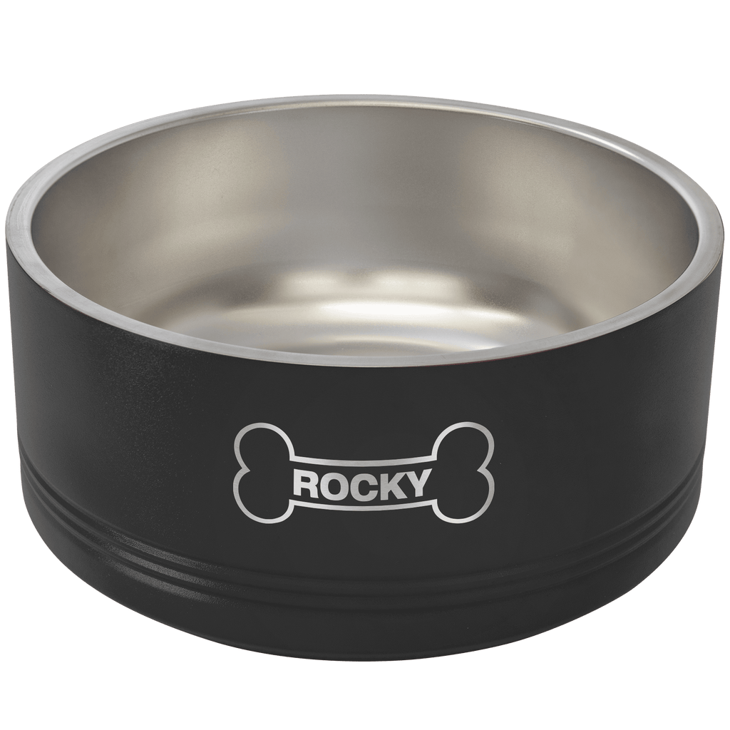 Black pet bowl with 'Rocky' branding on a white background