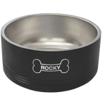 Black pet bowl with 'Rocky' branding on a white background