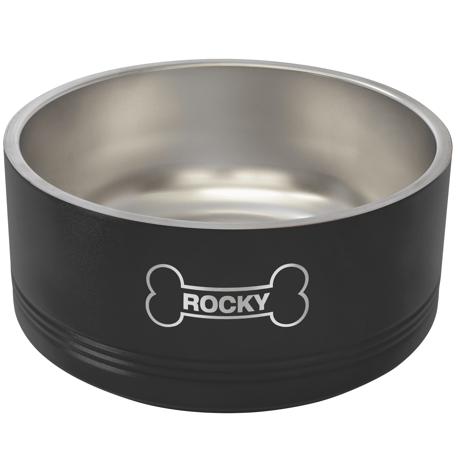 Black pet bowl with 'Rocky' branding on a white background