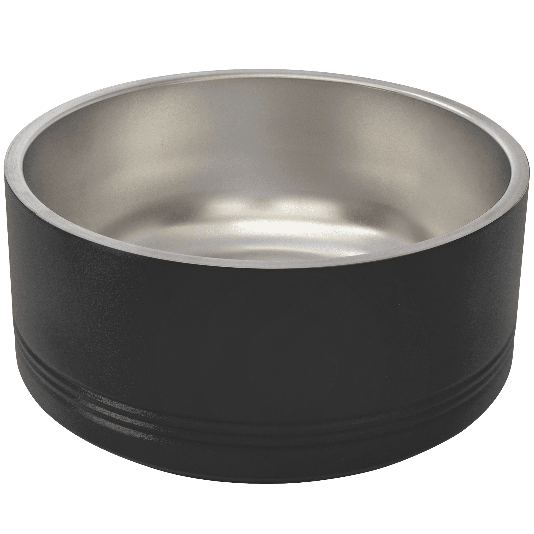 Black and silver stainless steel bowl on a transparent background