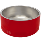 Red pet bowl with a silver interior on a transparent background