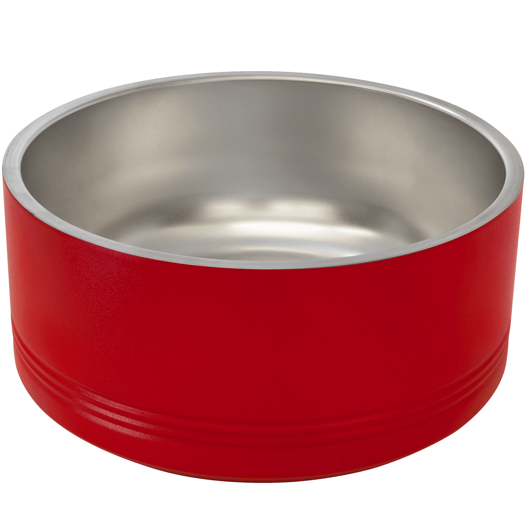 Red pet bowl with a silver interior on a transparent background