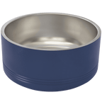 Navy pet bowl with stainless steel interior on a transparent background