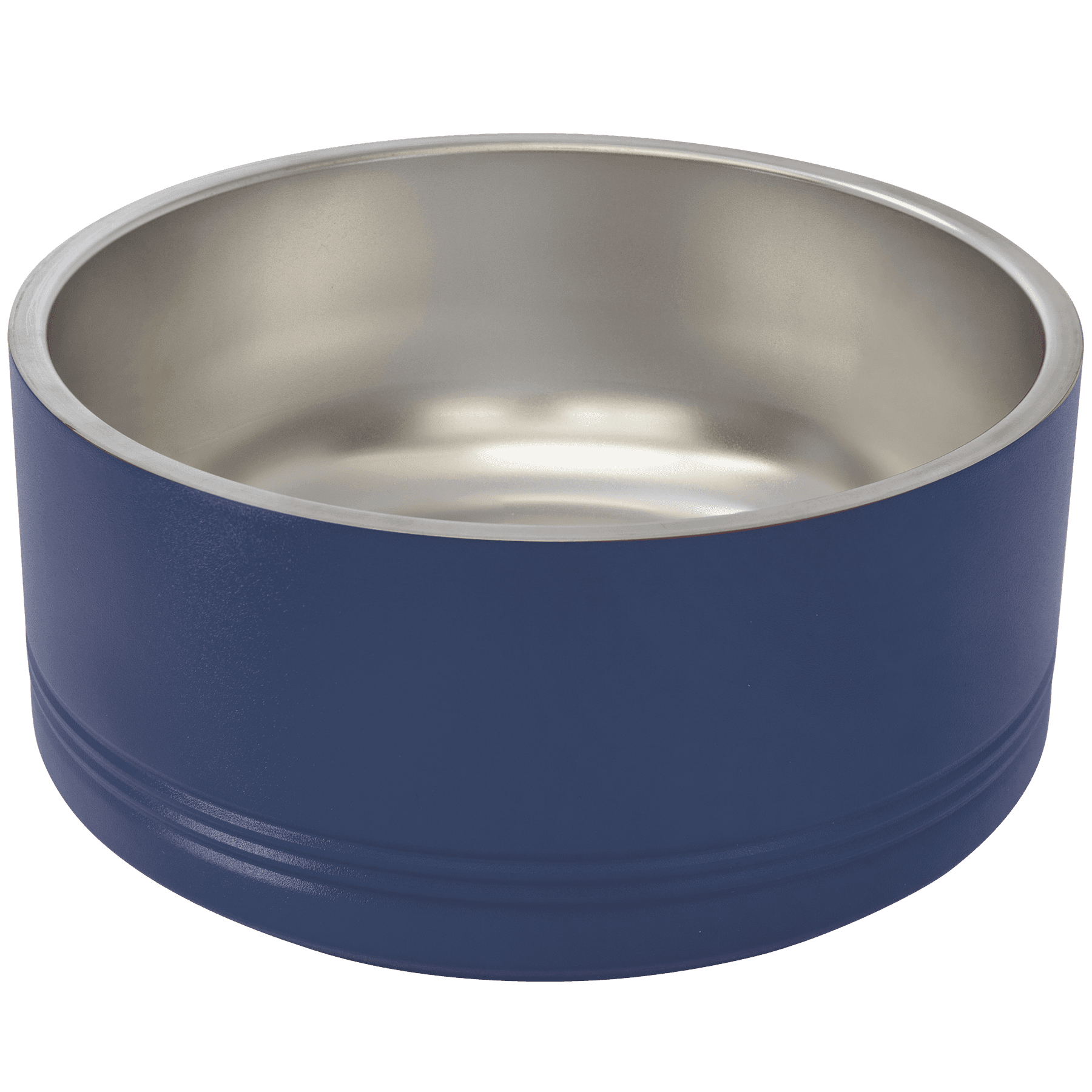 Navy pet bowl with stainless steel interior on a transparent background