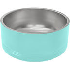 Teal pet bowl with a stainless steel interior on a transparent background