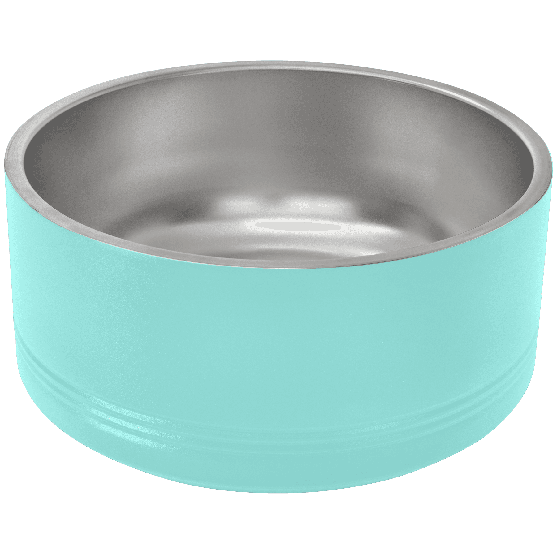 Teal pet bowl with a stainless steel interior on a transparent background