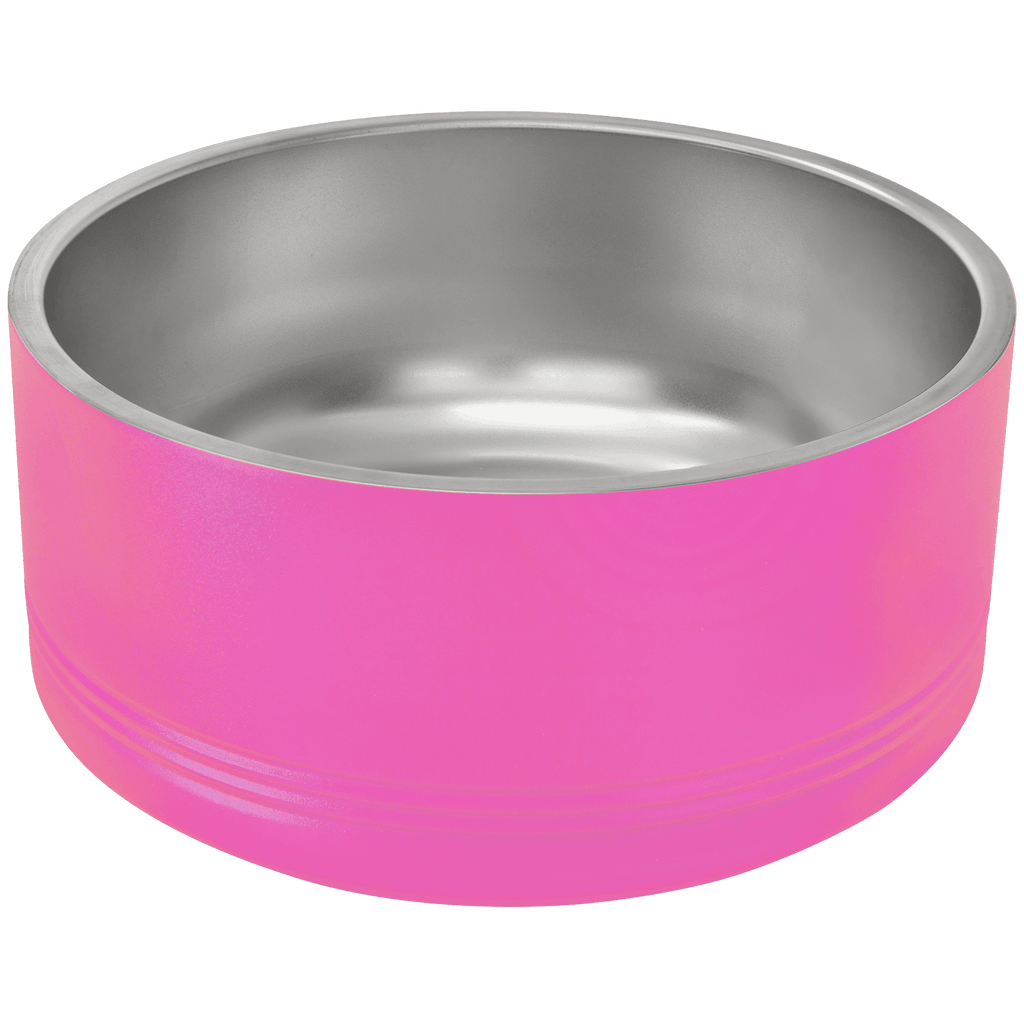 Pink pet bowl with a silver interior on a transparent background