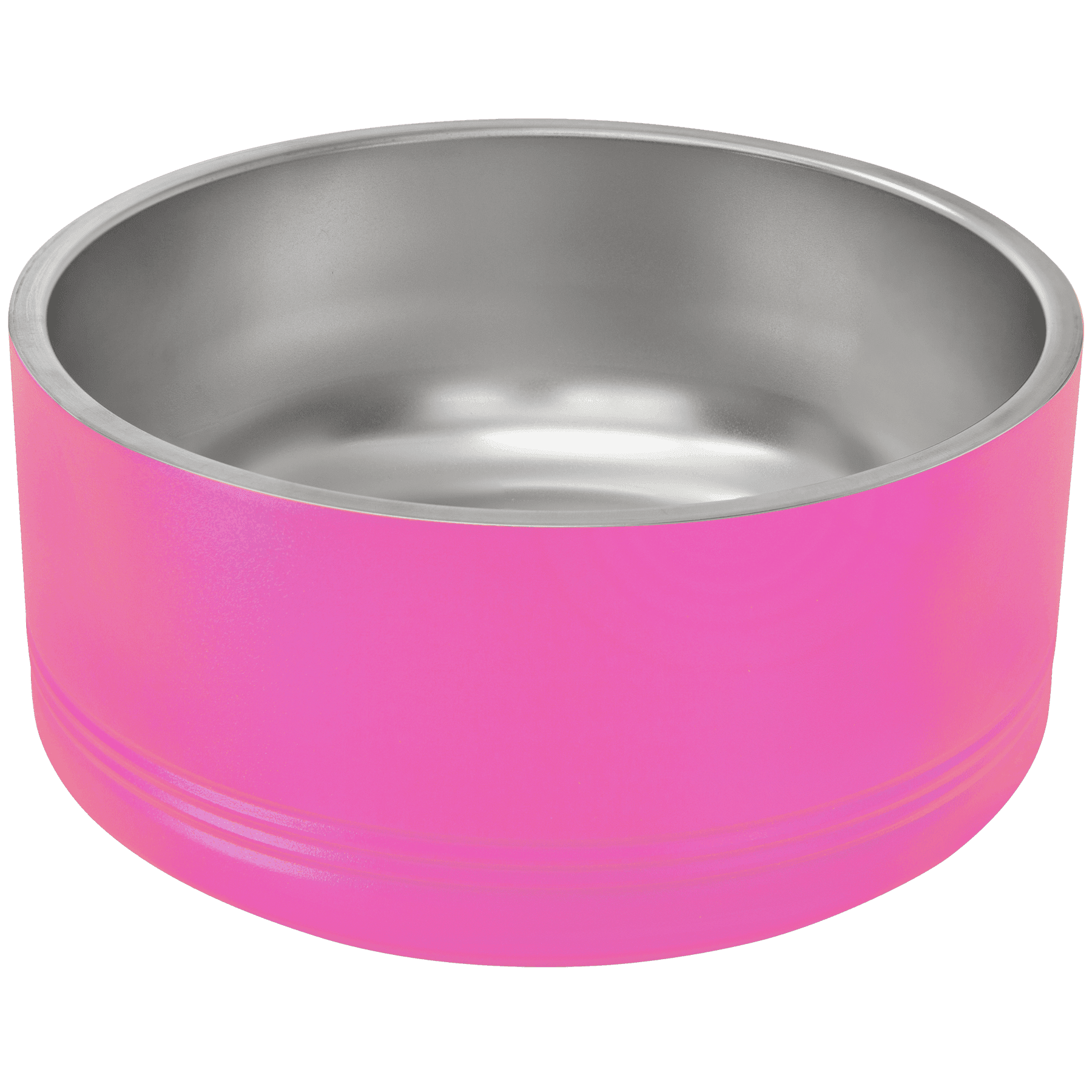 Pink pet bowl with a silver interior on a transparent background