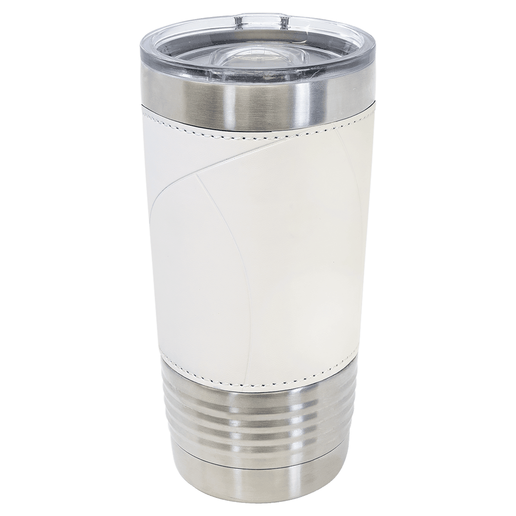 White insulated tumbler with leatherette wrap on a white background