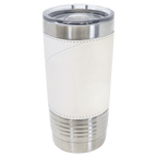 White insulated tumbler with leatherette wrap on a white background