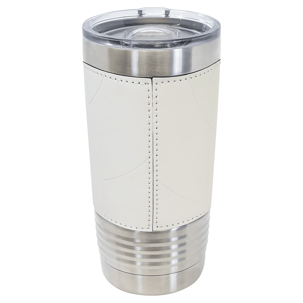 White insulated tumbler back with leatherette wrap on a white background