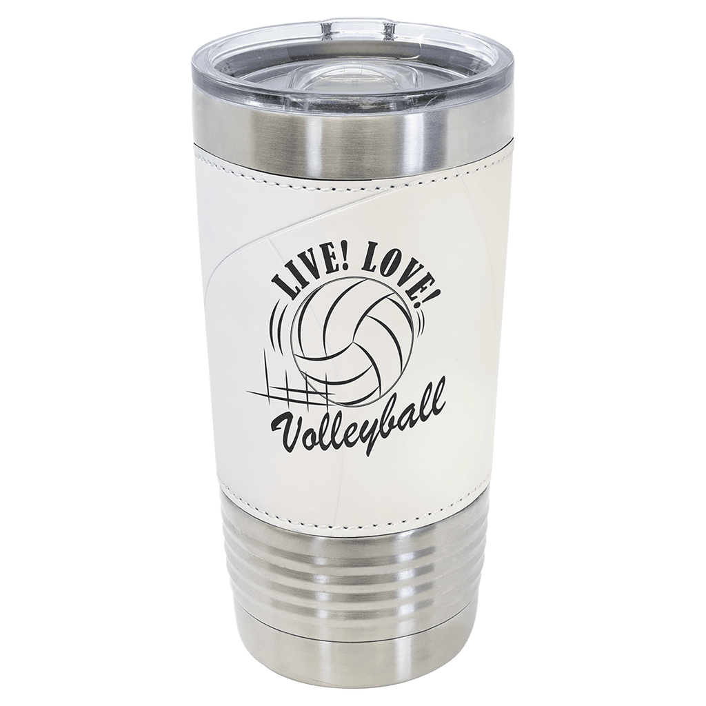 White tumbler with leatherette wrap with 'Live! Love! Volleyball' design on a white background