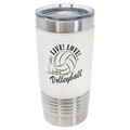 White tumbler with leatherette wrap with 'Live! Love! Volleyball' design on a white background