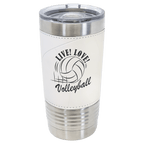 White tumbler with leatherette wrap with 'Live! Love! Volleyball' design on a white background