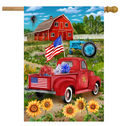 Decorative flag with a red truck, American flag, and barn in a rural setting.